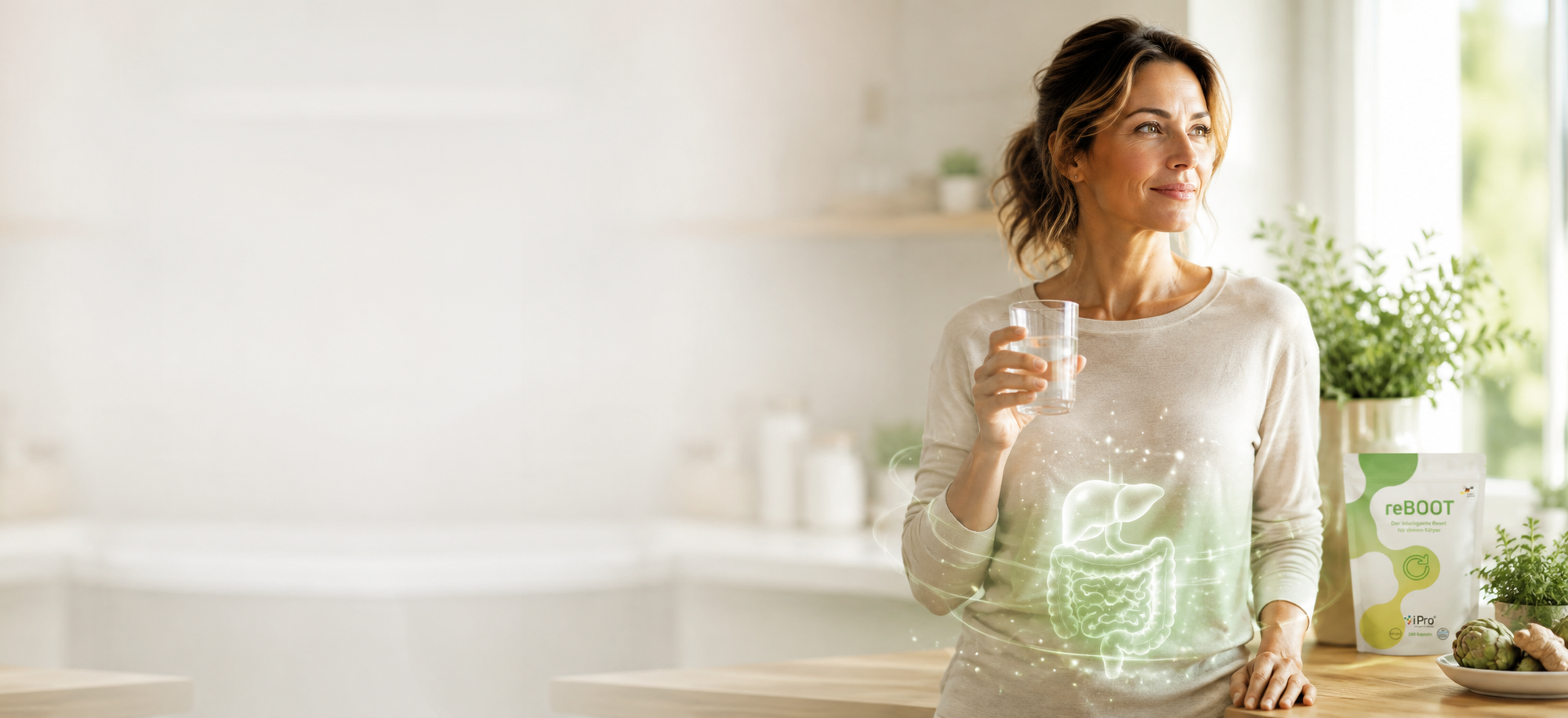 Frau trinkt bewusst Wasser in ihrer Küche, mit Darm- und Leber-Illustration sowie dem reBOOT Produkt von iPro als Ausgangspunkt einer bewussten Gesundheitsroutine